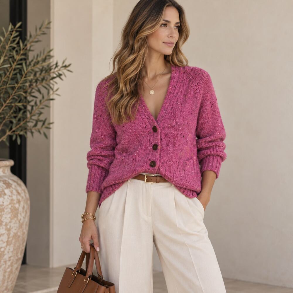 ARAN WOOLLEN MILLS Merino Wool Cardigan Sweater Flecked Fuchsia Sz S $155 {272}